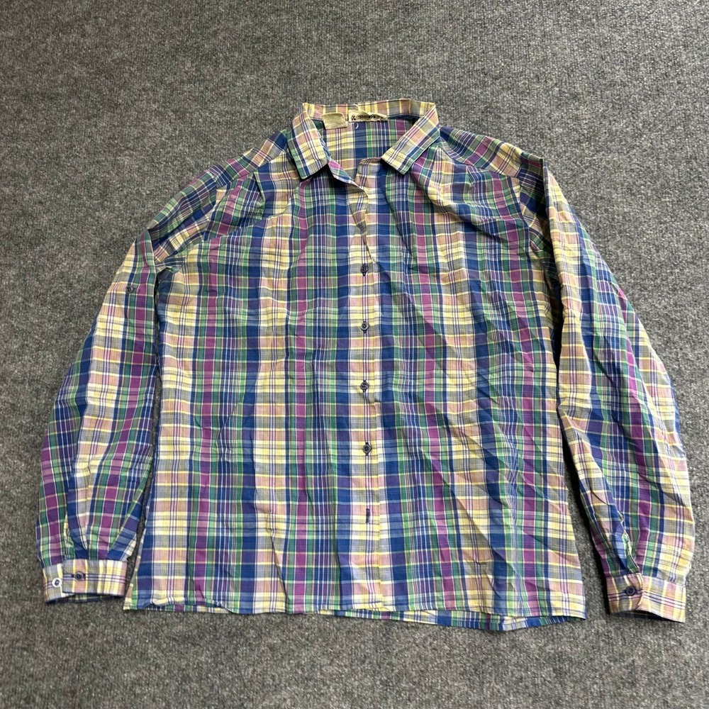 Personal Button Down Shirt Womens Size 14 Blue Purple Plaid Long Sleeve Casual